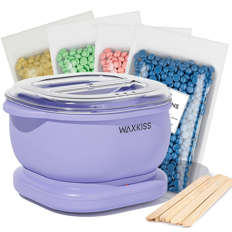 WAXKISS Purple Silicone Wax Warmer Kit with 500ml capacity, includes Hard Wax Beads & Wooden Sticks for hair removal. Suitable for salon and home use.