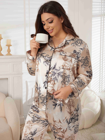 Plus size elegant loungewear set: Floral print long sleeve satin shirt and pants pajamas