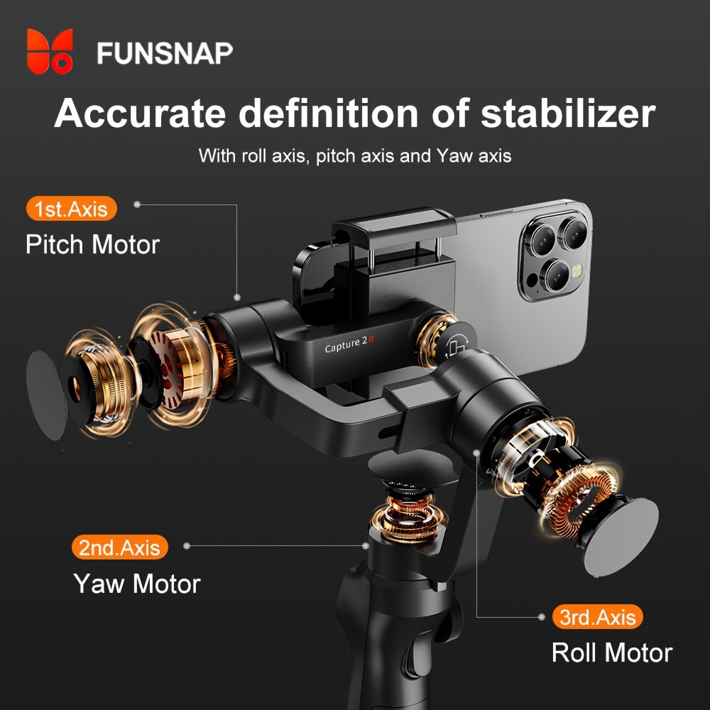 Funsnap Capture 2S Pro Gimbal Stabilizer for smartphones offers auto-tracking, USB rechargeable, and wireless charging for both iPhone and Android devices.