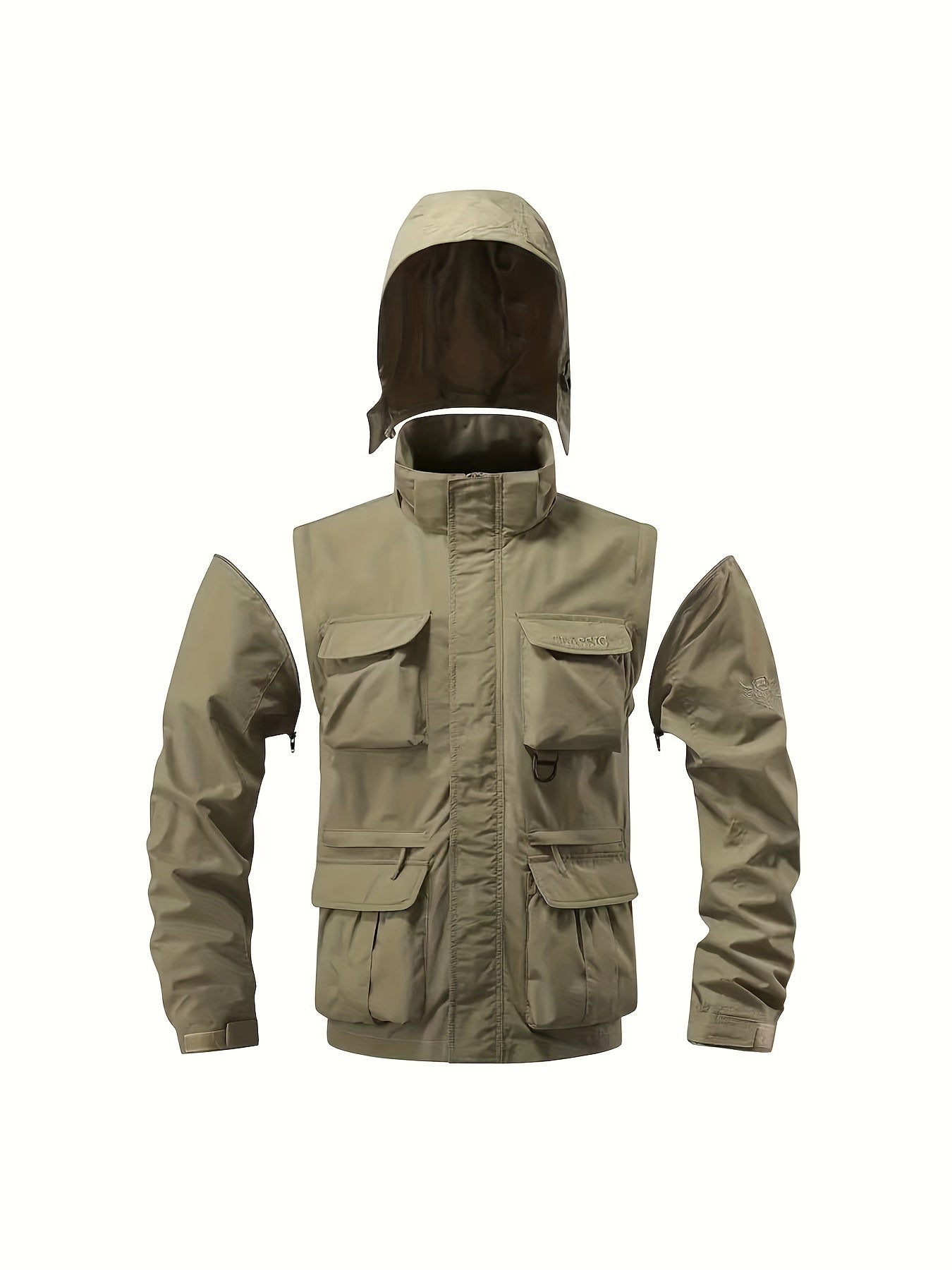 Eco-friendly men's windbreaker jacket with detachable hood and multiple pockets, perfect for outdoor activities.