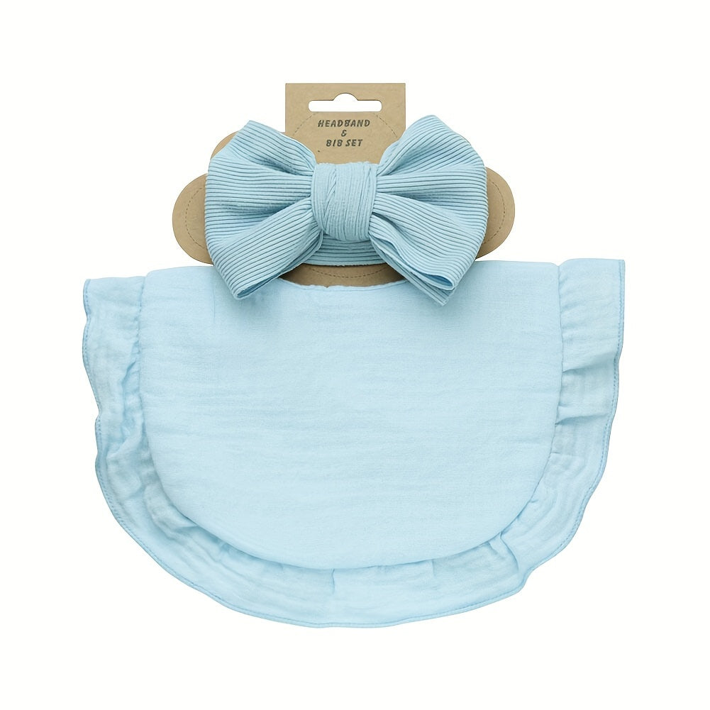 Set of 2 includes a lotus leaf bib and an elastic bow headband. The set also includes a plain color soft bib with snap button closure.