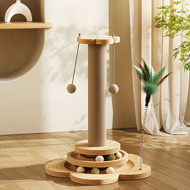 Sisal scratching post with rotating base and play balls for cats' claw care.