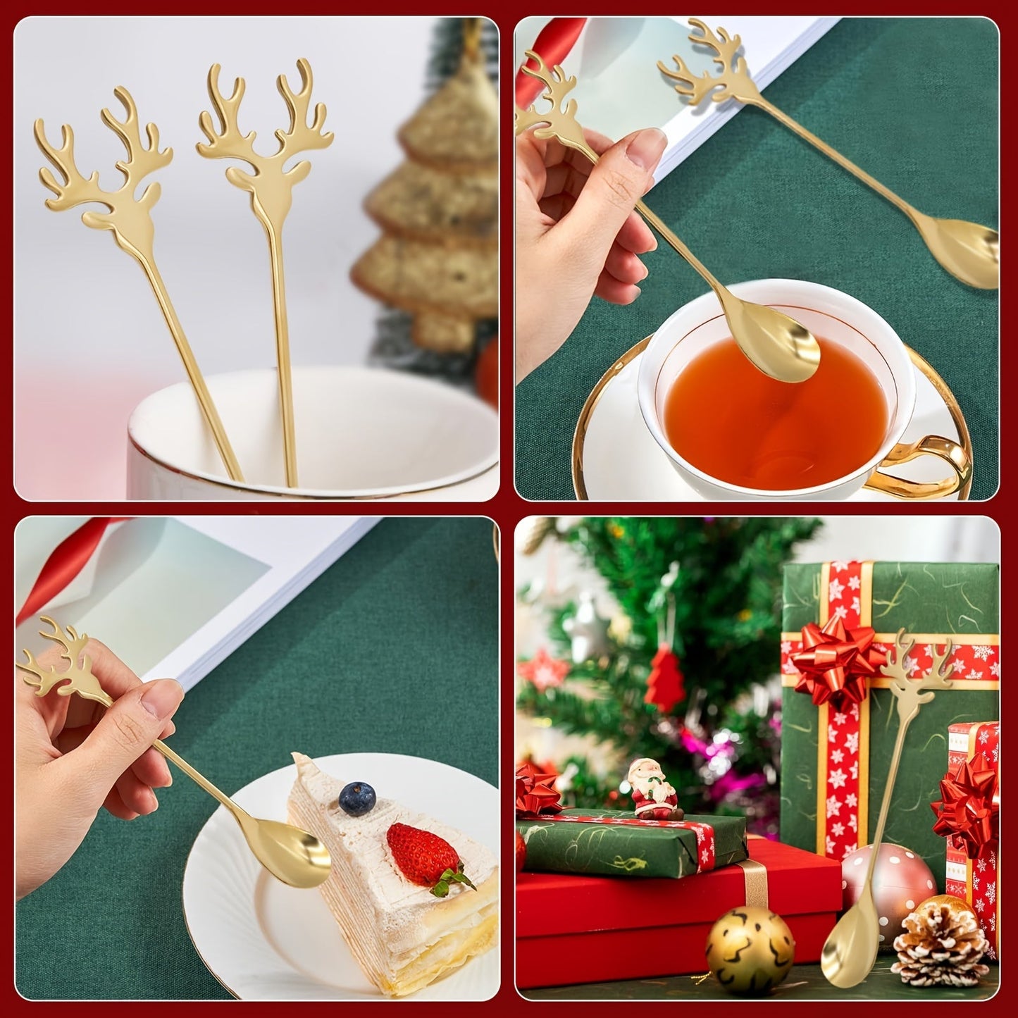 Collection of six festive holiday coffee spoons with a golden Christmas theme, showcasing a charming reindeer head motif crafted from durable stainless steel. Ideal for stirring espresso or tea with seasonal flair.