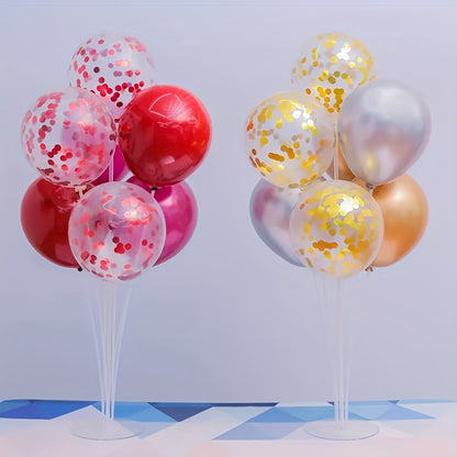 Balloon garland stand kit with 7-head clear balloon column holders, reusable and no electricity needed. Includes base for party decorations, birthdays, weddings, home decor, and event centerpieces. Suitable for ages 14+.