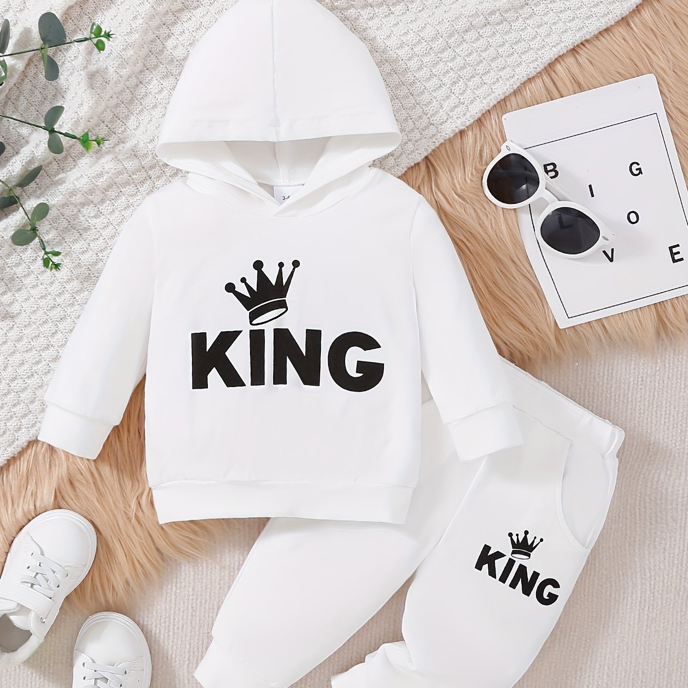 Baby boy's casual outfit set with hooded sweatshirt featuring KING print and matching pants.