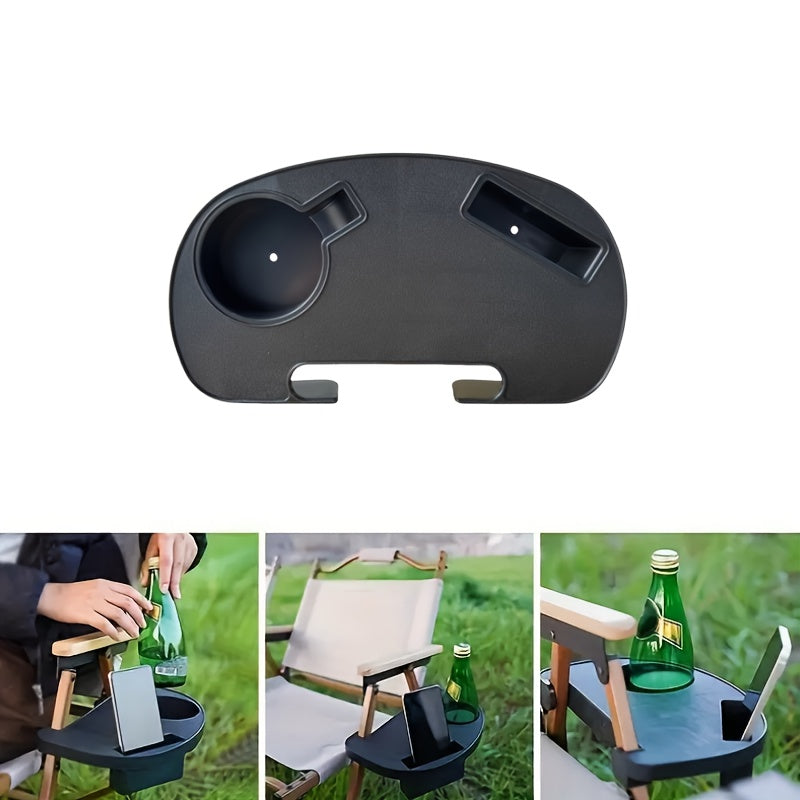 Durable Black Clip-On Side Tray designed for Zero Gravity Recliner Chairs, featuring Cup Holder, Mobile Device Slot, and Snack Tray. Made from Weather-Resistant Plastic for long-lasting use with Lounge Chairs.