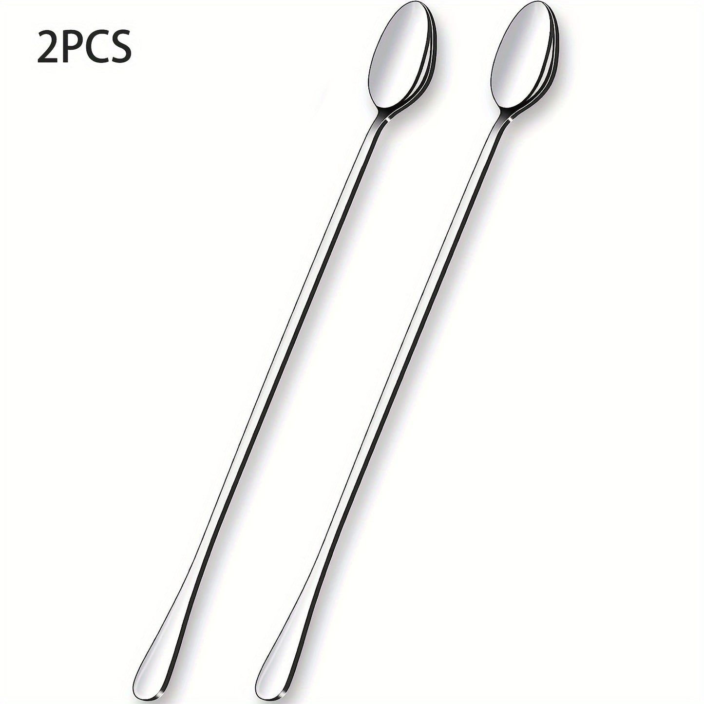 Set of 2 long-handled stainless steel iced tea spoons, perfect for stirring drinks in various settings. Dishwasher safe with a mirror finish.