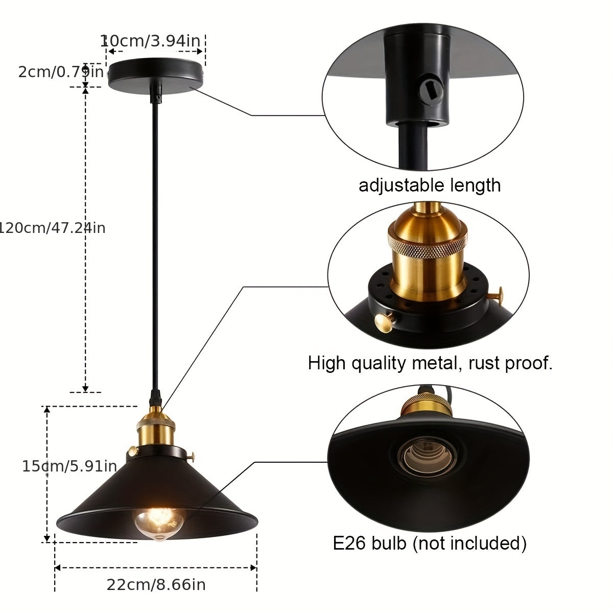 3-piece industrial pendant lamp set with E26/E27 base, includes screwdriver and electric tape as gift (bulb not included)