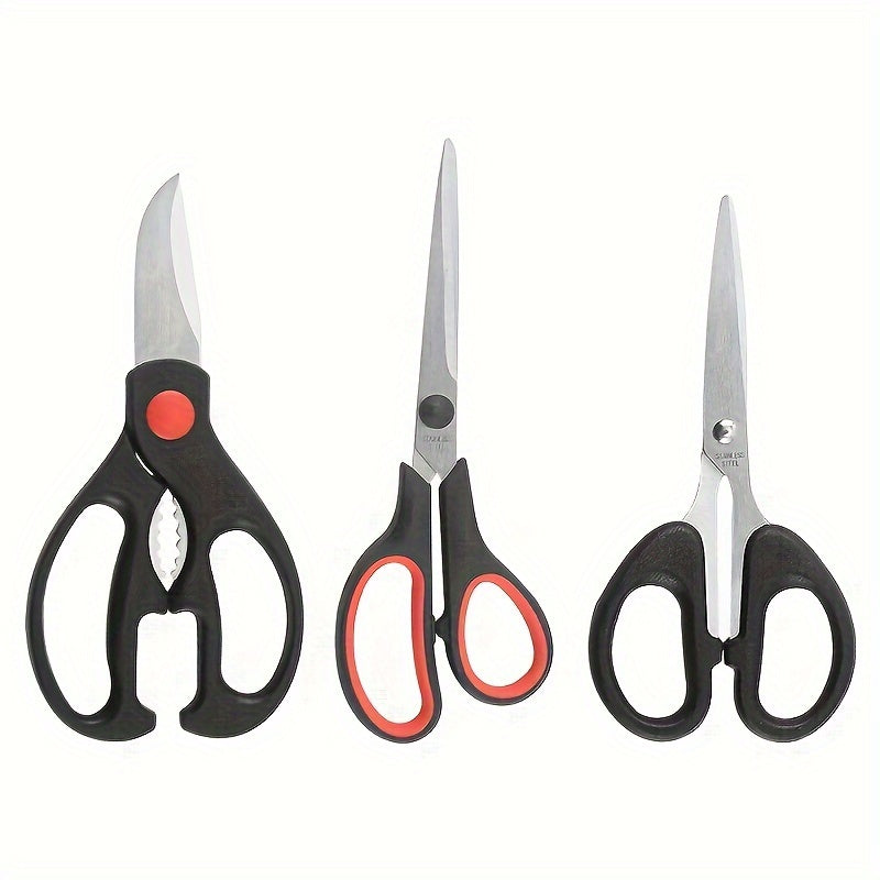 Set of 3 stainless steel kitchen shears for various uses including cutting chicken, meat, herbs, and tailoring. High-quality and versatile scissors.