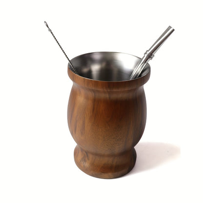 8oz stainless steel Yerba Mate cup and bombilla set, includes brush and straw. Perfect for enjoying Yerba Mate at home or on the go. Ideal birthday gift.