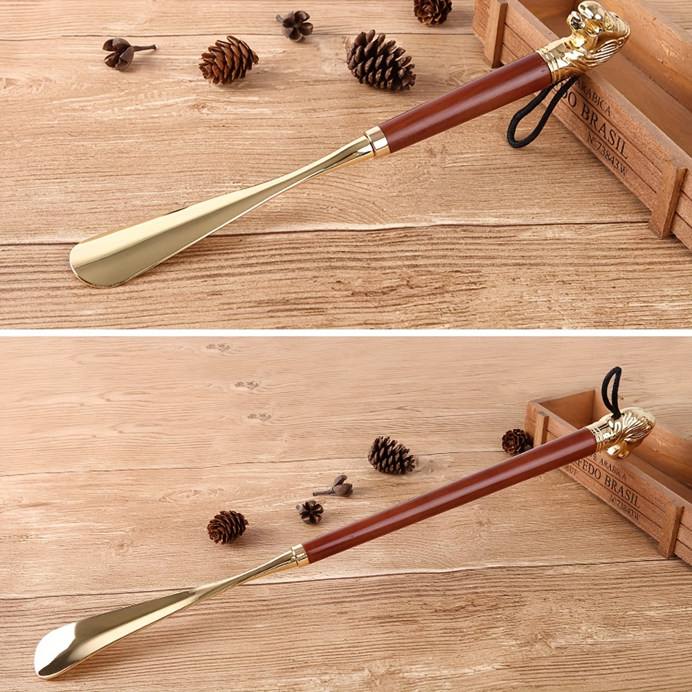 MEGICOT Long Handle Lion Head Shoe Horn is a durable and stylish shoe helper designed for seniors and disabled individuals. Made with zinc alloy metal and ergonomic wooden handle, it is the