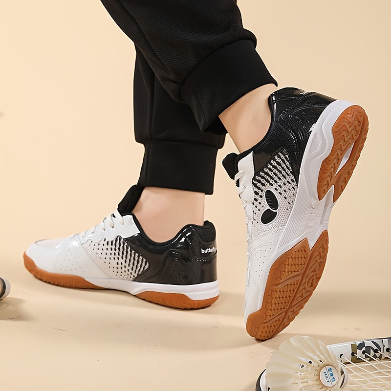 Professional badminton and tennis shoes with breathable, non-slip, and durable features for all seasons. Made of fabric and synthetic materials with EVA and rubber sole. Designed with