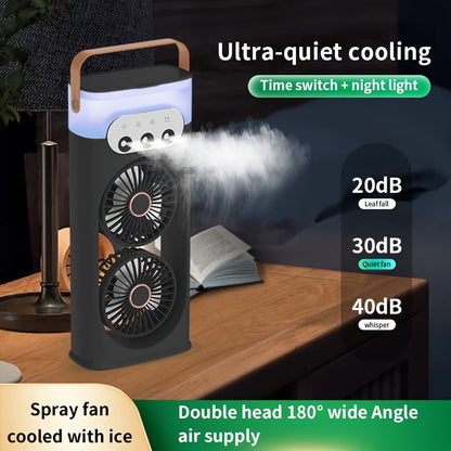 This portable table fan features dual USB-powered fans and a built-in humidifying misting feature. Made of durable painted plastic, it provides indoor and outdoor cooling with its ultra-quiet operation and convenient button control. The fan comes with a