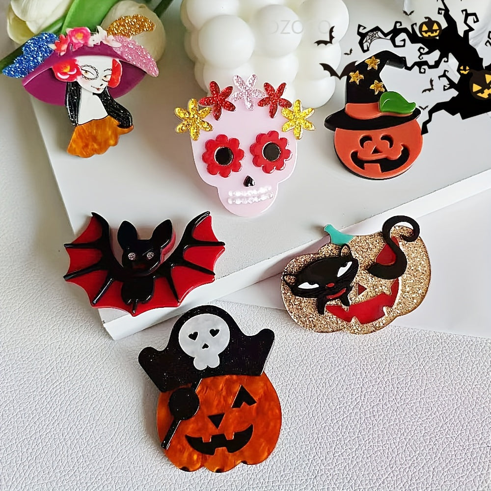 Retro Punk Inspired Acrylic Brooch Pins - Quirky Cartoon Designs for Scarves and Jackets, Featuring Halloween Icons like Pumpkins, Skeletons, and Bats