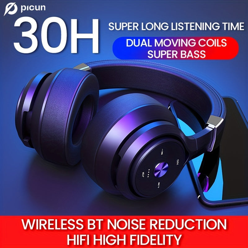 Picun P28X BT Over Ear Headphones with 30H Playtime, EQ Music Modes, Wireless, Microphone, HiFi Stereo, Foldable Lightweight Headset, Deep Bass for Home Office Cellphone PC, Dual Moving