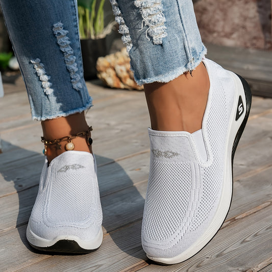 Women's slip-on walking shoes with breathable knitted fabric upper, rubber sole, and comfortable hollow out design.