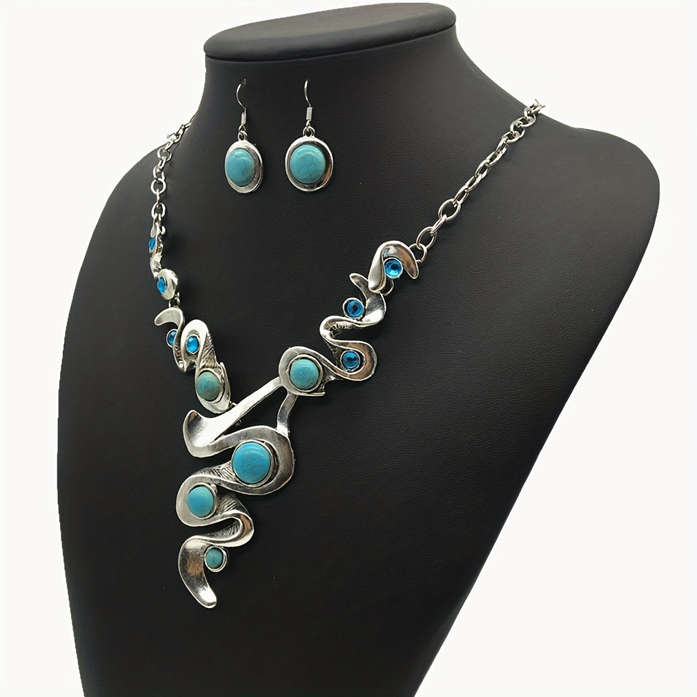 Alloy Necklace and Drop Earrings Combo in Vintage Boho Style with Turquoise Zirconia for Both Casual and Formal Events