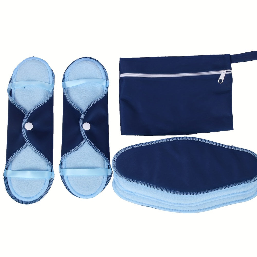 8 reusable blue polar fleece menstrual pads for daily use, waterproof and washable. Suitable for periods and as a panty liner.