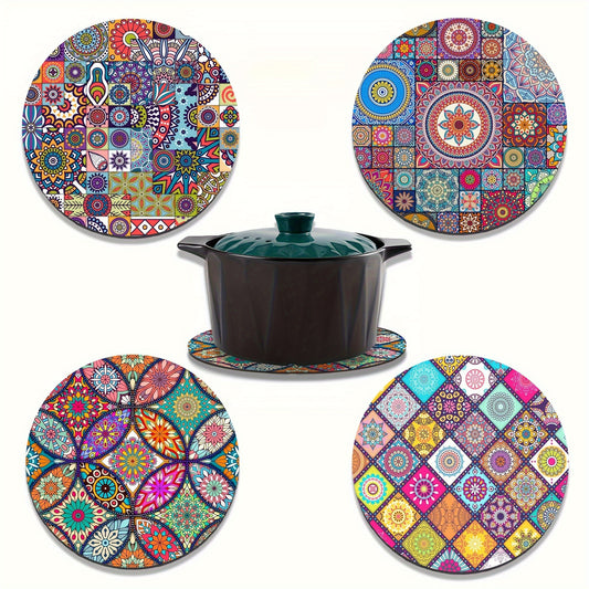 4 Mandala Wooden Placemats - Durable, Heat-Resistant, Non-Slip, Easy to Clean - Ideal for Home, Office, Party, and Festival