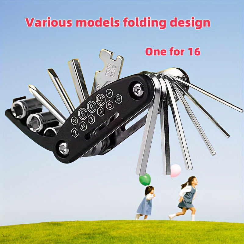 Compact 16-in-1 stainless steel multitool with hex keys, screwdriver set, and combination wrenches.