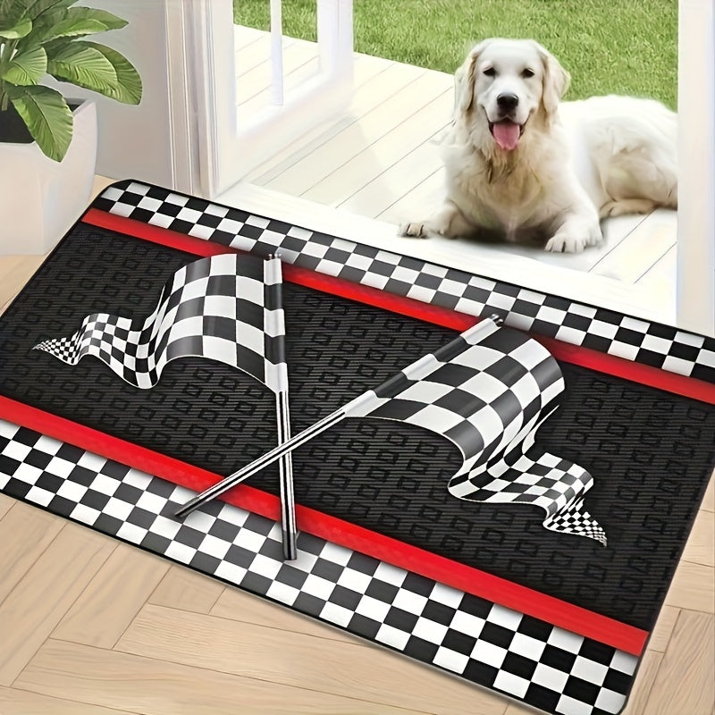 One high-quality Flannel Racing-Themed Mat, 1.1cm thick and non-slip, featuring a Black & White Checkered Flag design with Red Stripes. Machine washable and suitable for Teens, Boys, Girls, Men & Women. Versatile for use in the Living Room, Bedroom