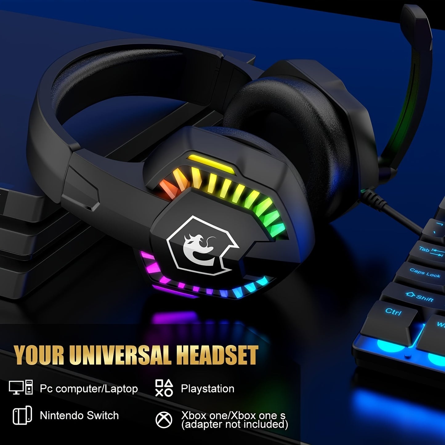 Noise-canceling mic gaming headset with RGB lights, wired over-ear headphones for PS4, PS5, Xbox One, PC, Mac. Durable plastic, soft memory earmuffs, button control, tangle-free cable, no