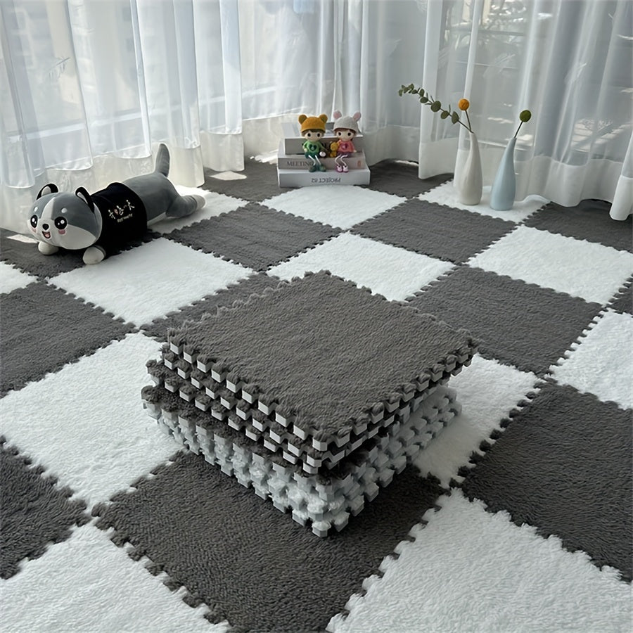 Soft and fluffy area rug set consisting of 36 plush interlocking foam tiles. Hand washable and machine made with polyester and EVA materials. Non-slip modular carpet perfect for living room or bedroom. Each tile measures 29.97 x 29.97 cm.