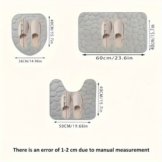 3 шт. Набор ковриков для ванной из плюшевого кораллового флиса - мягкие, впитывающие и нескользящие с ПВХ-основой, машинная стирка, дизайн в виде шестигранных камешков, низкий ворс, современные аксессуары для ванной.