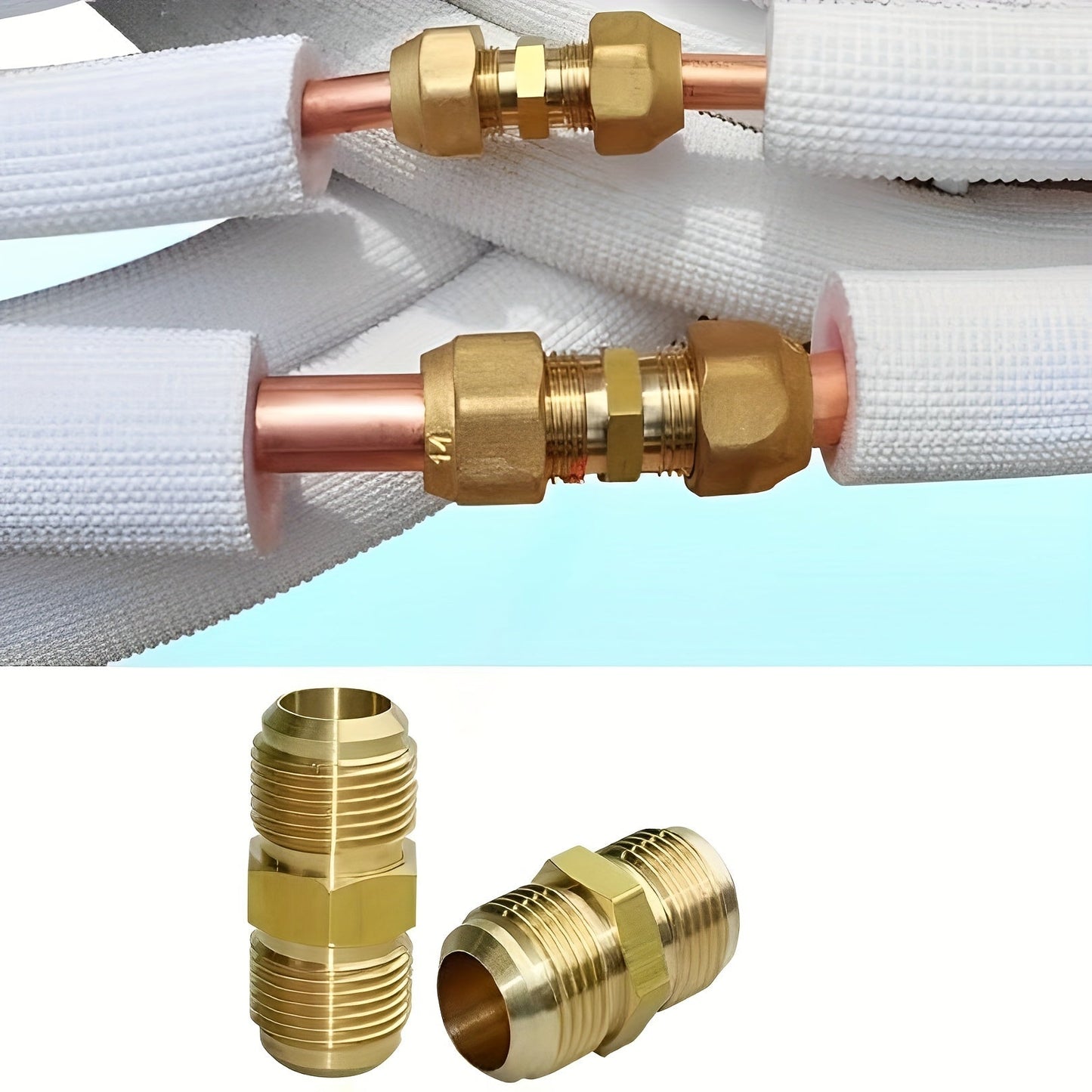 High-Quality Brass Air Conditioning Copper Tube Adapter - Female-Male Flare Thread Connector, Sizes Include 1/4", 3/8", 1/2", 5/8", 3/4" - Double-Headed Joint Ensures Leak-Proof AC Maintenance