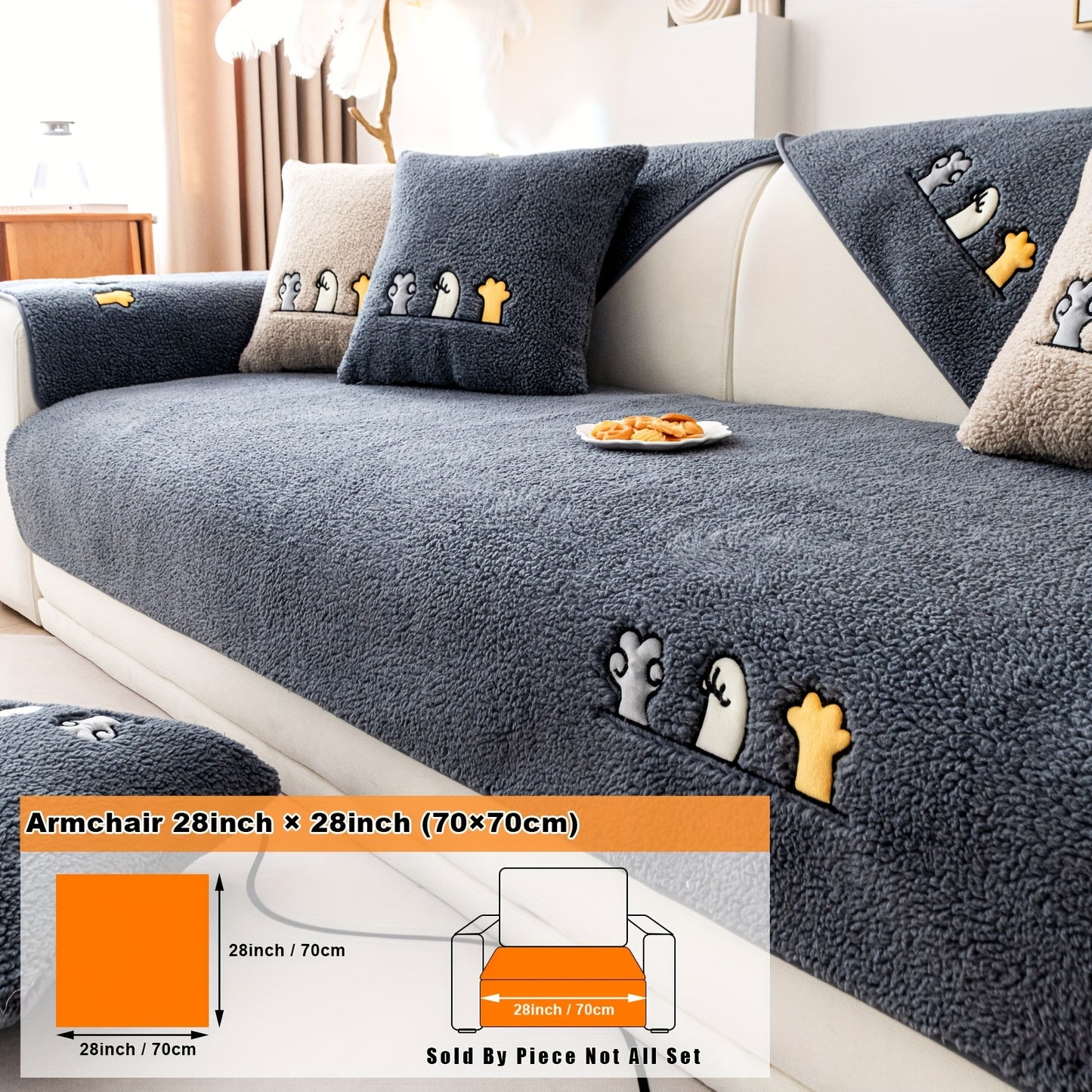 Modern plush sofa cover with paw pattern embroidery, non-slip protection for sofas, machine washable and suitable for various types of furniture.