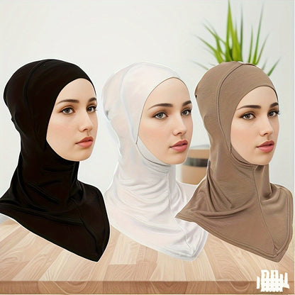 3 Elastic Modal Instant Hijab Caps for Women - Soft, Stretchy, Solid Color Head Wraps with Snap Closure - Ideal for Ramadan & Casual Attire - Breathable Polyester, No Feathers