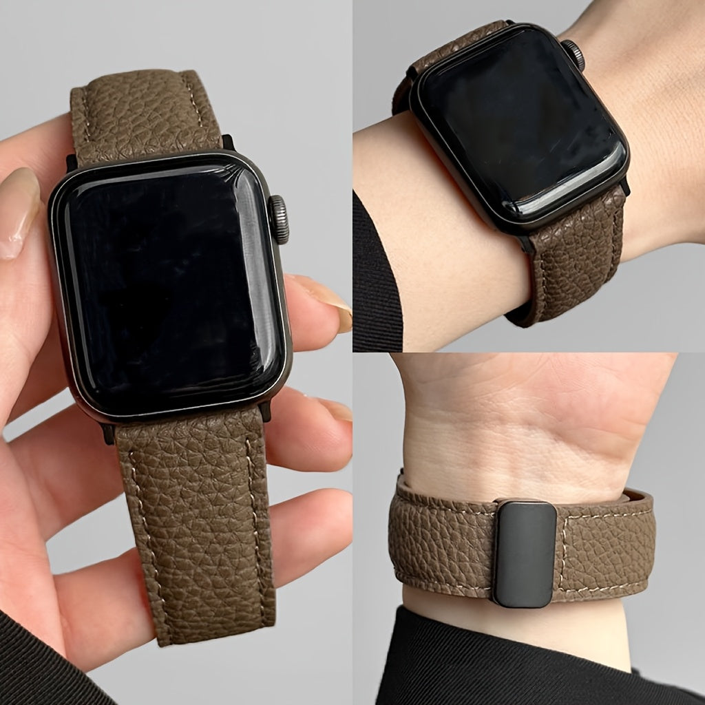 Litchi-patterned patent Apple Watch strap with magnetic buckle, water-resistant, iron clasp - Compatible with Apple Watch SE/S123456789, Beige with Dark Brown accents, Textured woven design