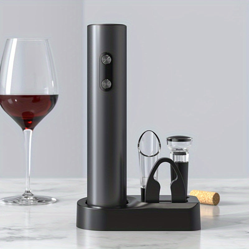 Introducing the XuanGui 5-in-1 Electric Wine Opener Set, the ideal gift for wine enthusiasts. This set includes an automatic bottle opener, foil cutter, freshness preserver, pourer, and storage base. With this convenient set, you can enjoy your favorite