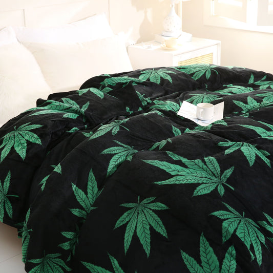 Country-rustic style flannel blanket featuring a marijuana leaf print. This soft and warm knitted throw is perfect for couches, sofas, offices, beds, camping, and travel. Made of 100% polyester, it is machine washable and suitable for all seasons.