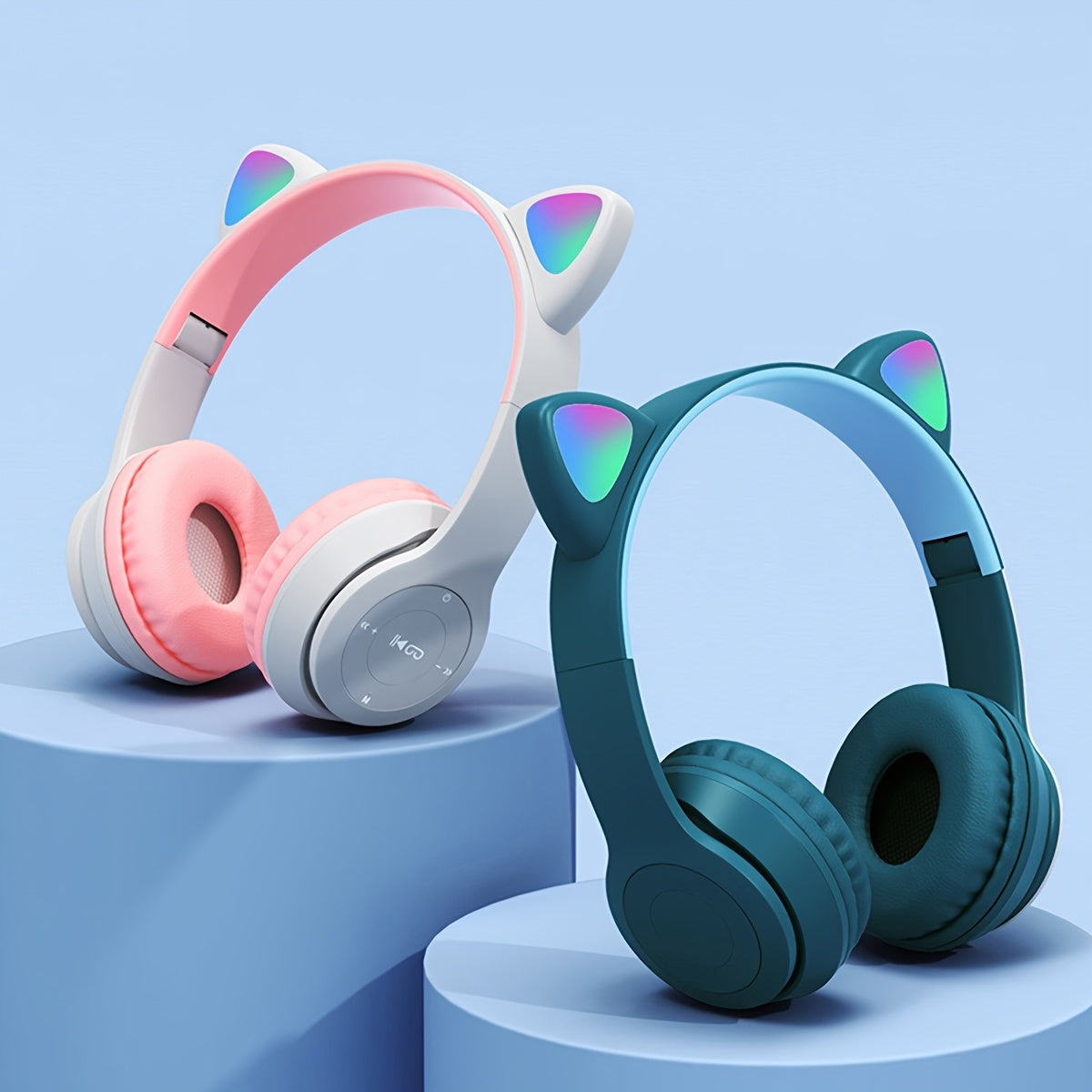 Wireless LED headphone ear muffs with foldable design, volume control, and rechargeable battery for various devices.