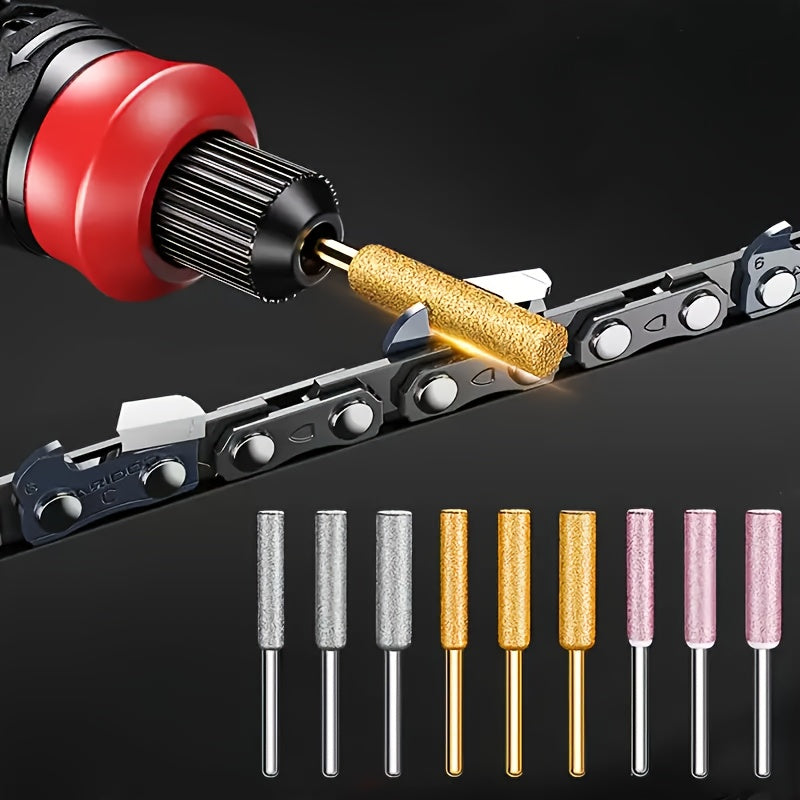 Diamond chainsaw sharpener set has 10 pieces, with titanium coated corundum grinding bits for sharpening chain saw, jade, glass, metal, and wood. It operates in an uncharged power mode.