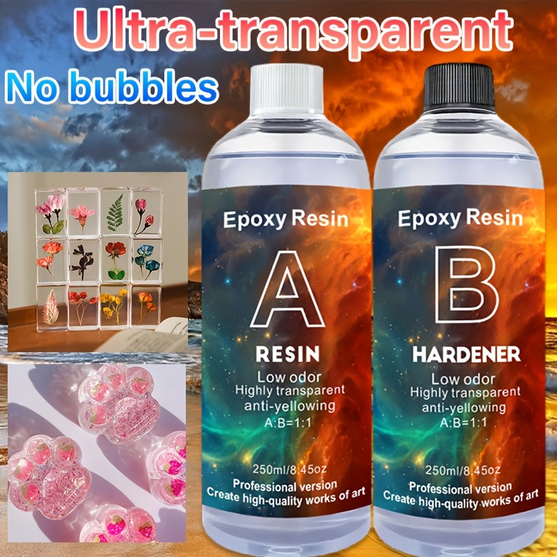 500ml Crystal Clear Epoxy Resin Kit for Art Crafts, Jewelry Making, Woodwork and Mold Casting - fast-curing, non-yellowing, bubble-free formula with easy 1:1 mix ratio, waterproof and