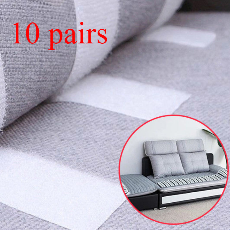 10 sets of transparent sofa cushion adhesive strips with white anti-slip backing. They are spot-clean and non-marking, suitable for fastening bed sheets and carpets in various scenarios.