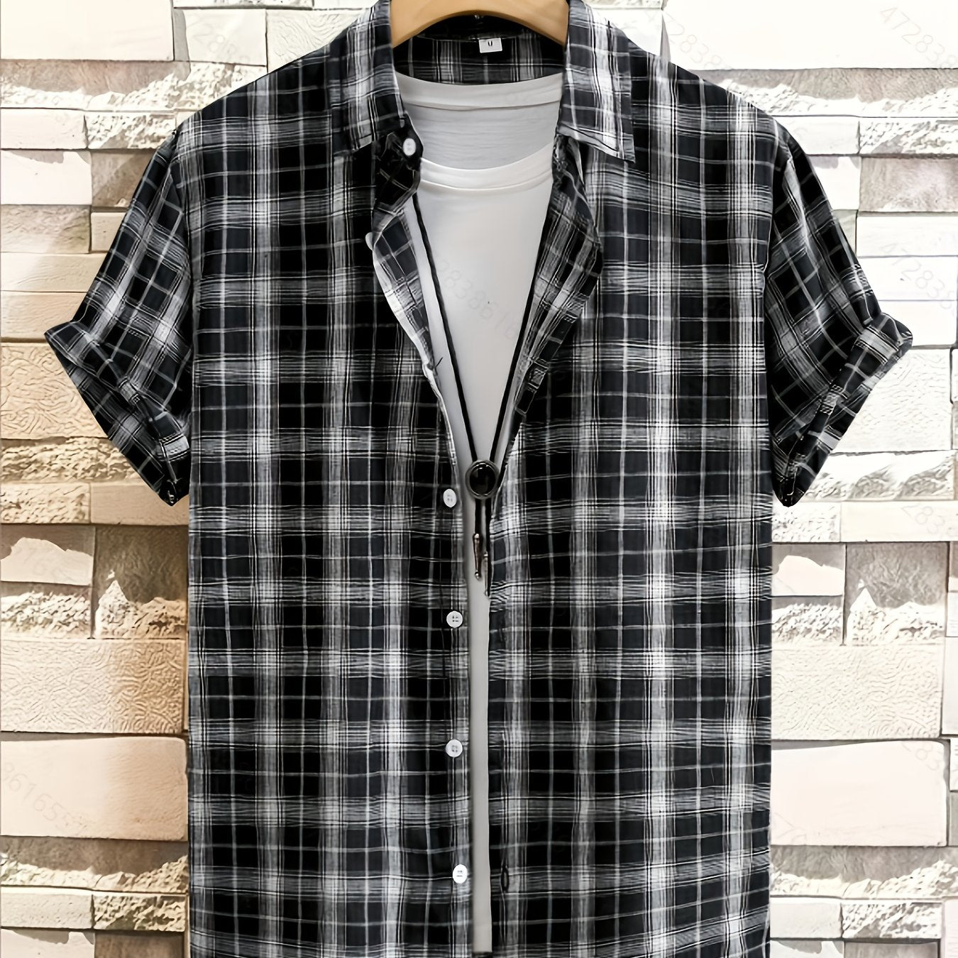 Men's summer casual plaid shirt with short sleeves, lapel collar, and regular fit. Made of 60% polyester, 34% cotton, and 6% rayon non-stretch woven fabric. Suitable for outdoor hiking and