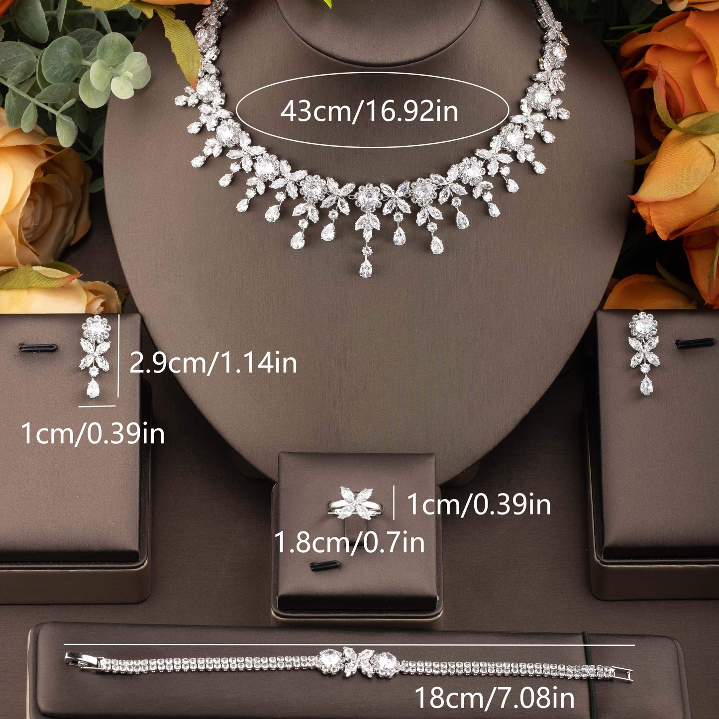 A stylish collection of cubic zirconia jewelry featuring intricate flower designs, perfect for women, brides, and special occasions.