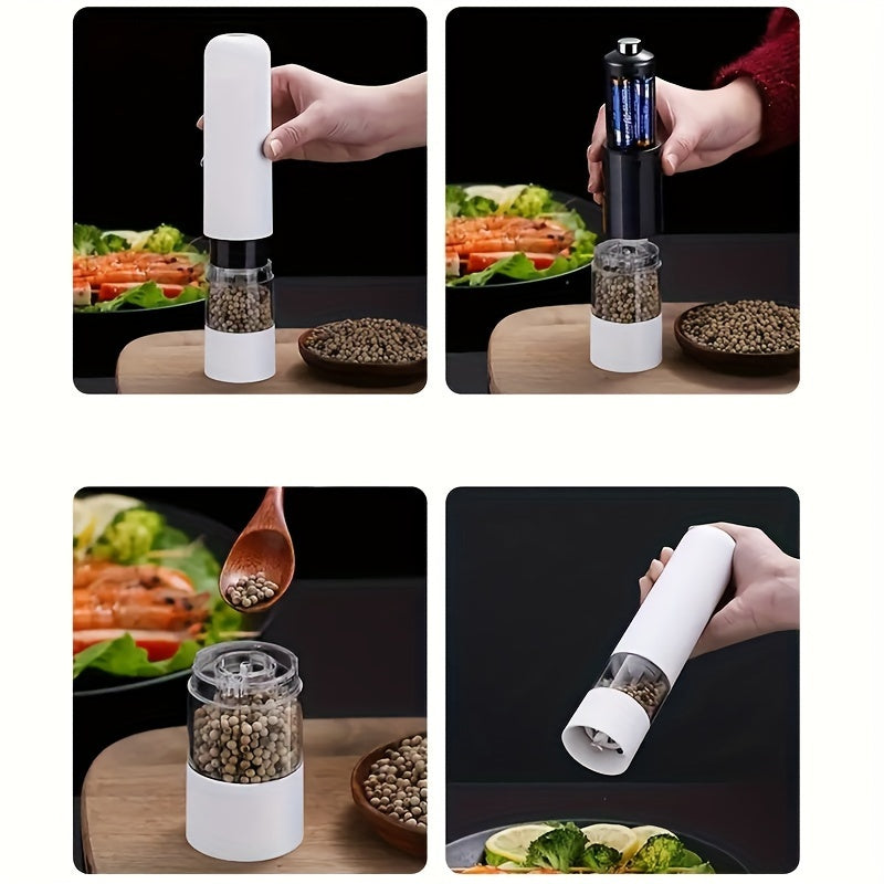 Automatic electric salt and pepper grinder set with adjustable coarseness, ideal for cooking and BBQs.