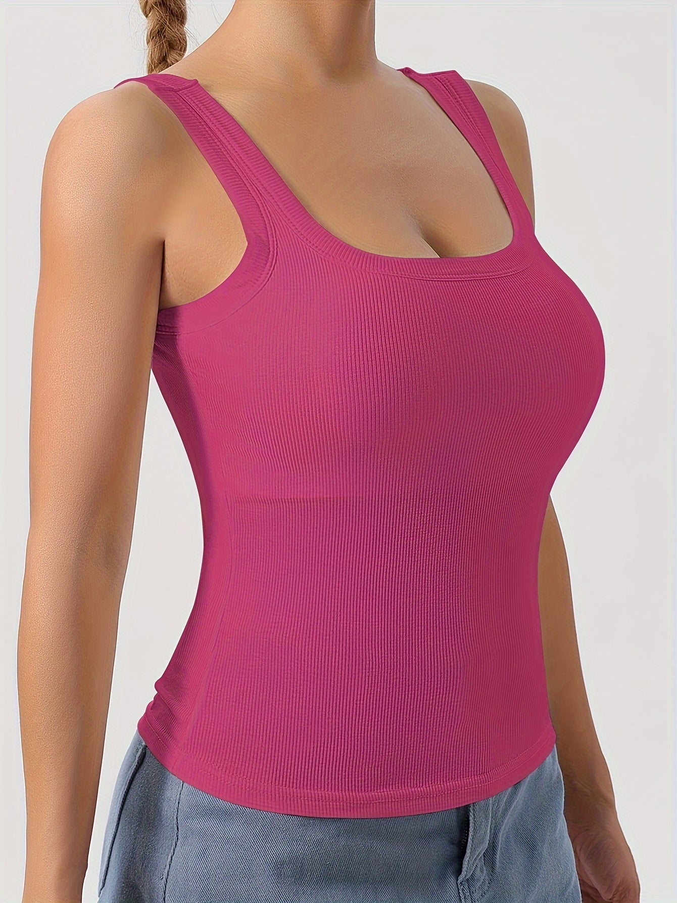 Solid scoop neck tank top with removable chest pad, perfect for summer.