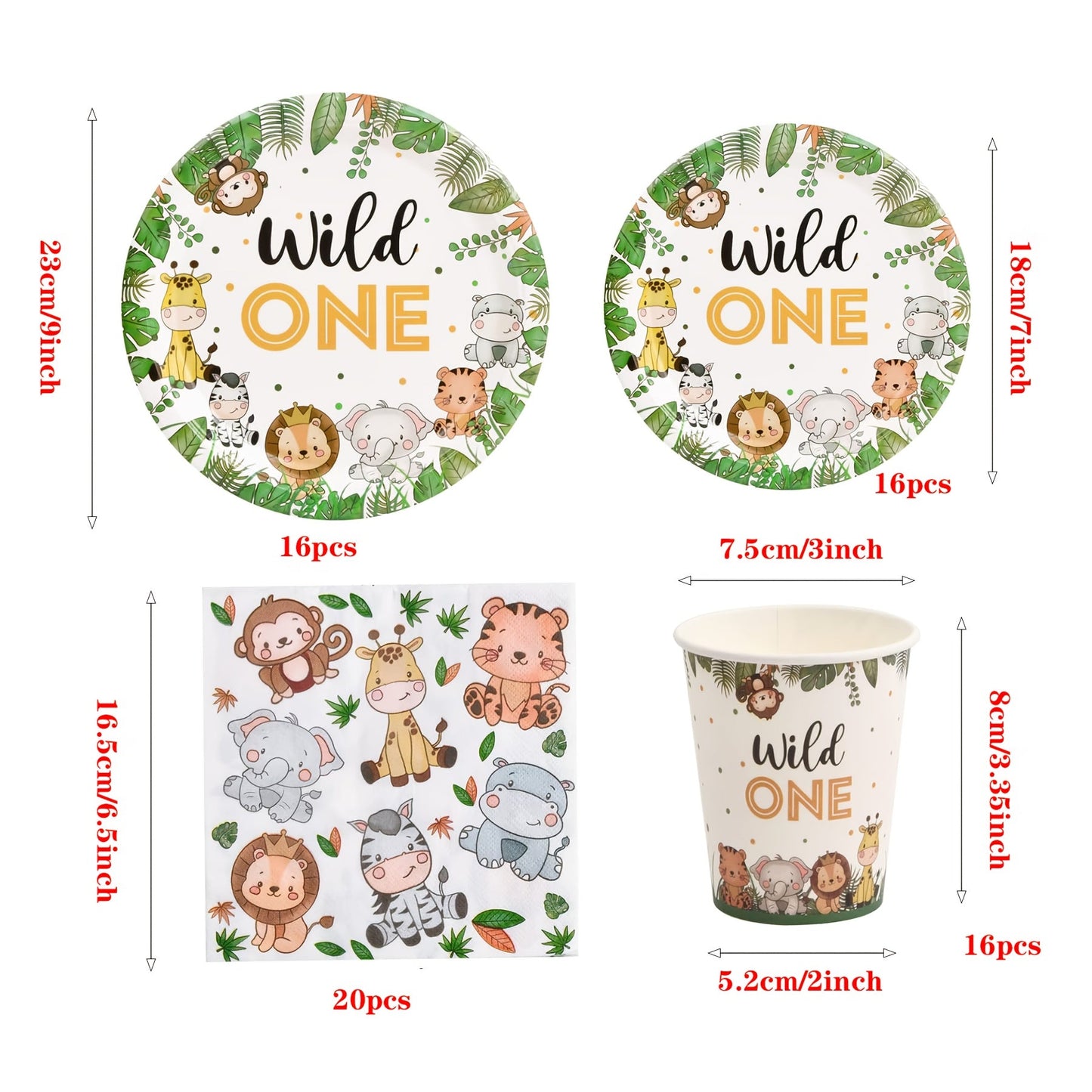 Celebrate with 68 pieces of Wild One birthday decorations! This Jungle theme party set includes paper plates, cups, and napkins, perfect for a 1st birthday celebration. Add some fun animal jungle decorations to your party table with this dinnerware set.