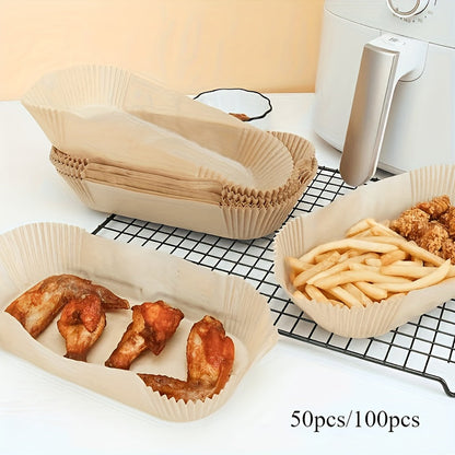 50-100 pieces of disposable paper liners for air fryers, featuring a non-stick surface that is safe for food contact. Ideal for use at home or for parties, this essential kitchen accessory is perfect for air fryers and baking.