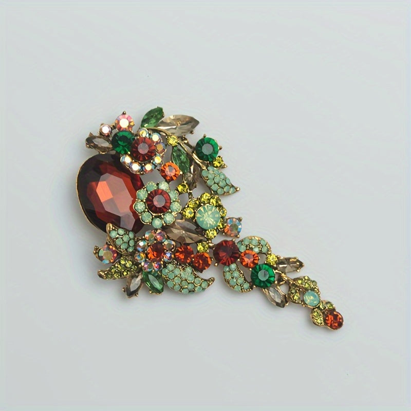 Retro-Style Oversized Crystal Glass Brooch - Elegant Alloy and Rhinestone Lapel Pin for Women's Fashion Ensemble