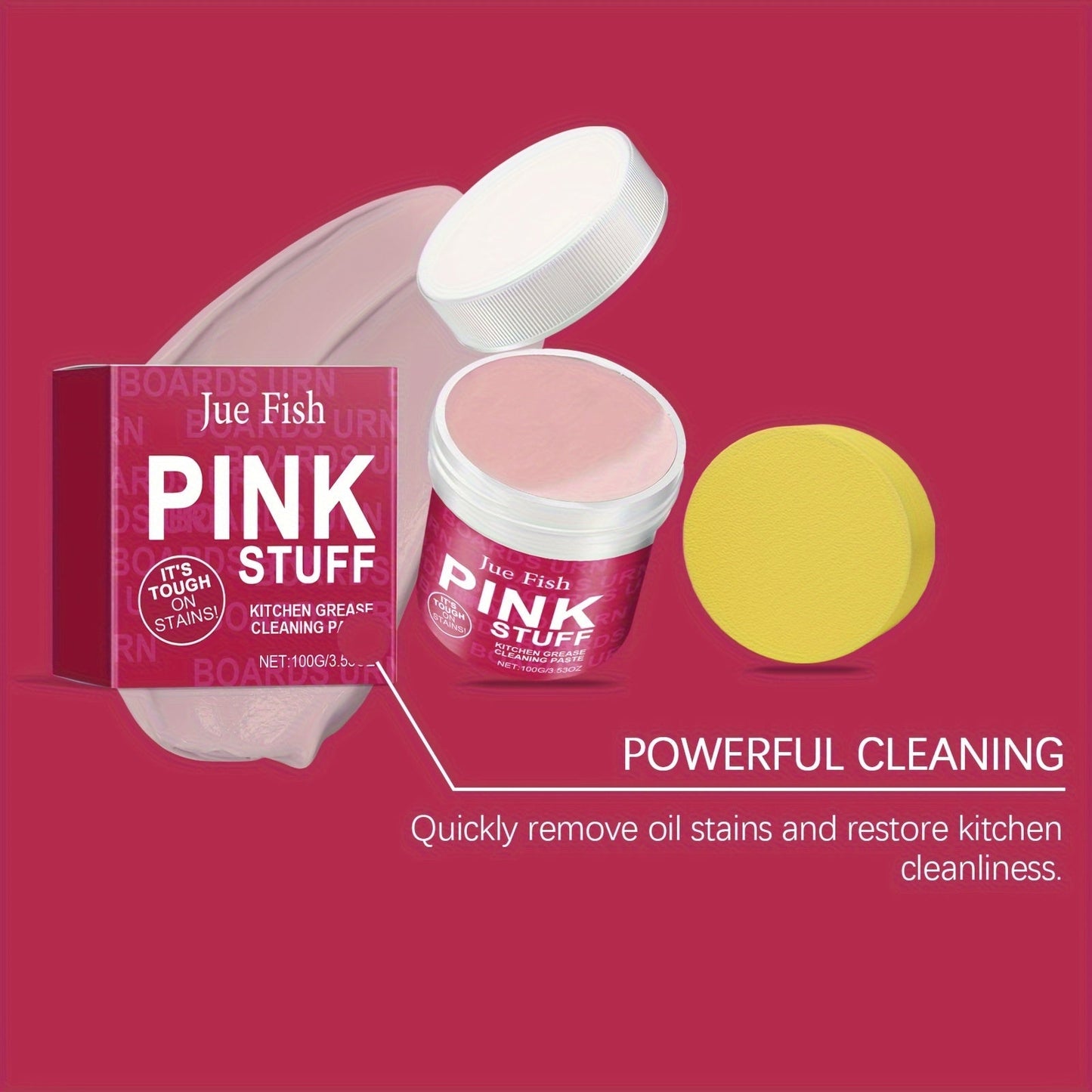 Pink Stuff Kitchen Grease Remover Cream is a 100g residue-free multi-surface cleaner that comes with a sponge. Infused with coconut oil, it effectively removes stubborn stains on wood, plastic, glass, metal, and ceramic surfaces.