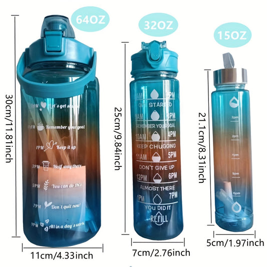 Set of 3 gradient color motivational water bottles (64oz, 32oz, 15oz) with mobile phone holder, food grade material straw cup, 2 stickers. Perfect for home and outdoor use, ideal Christmas gift.