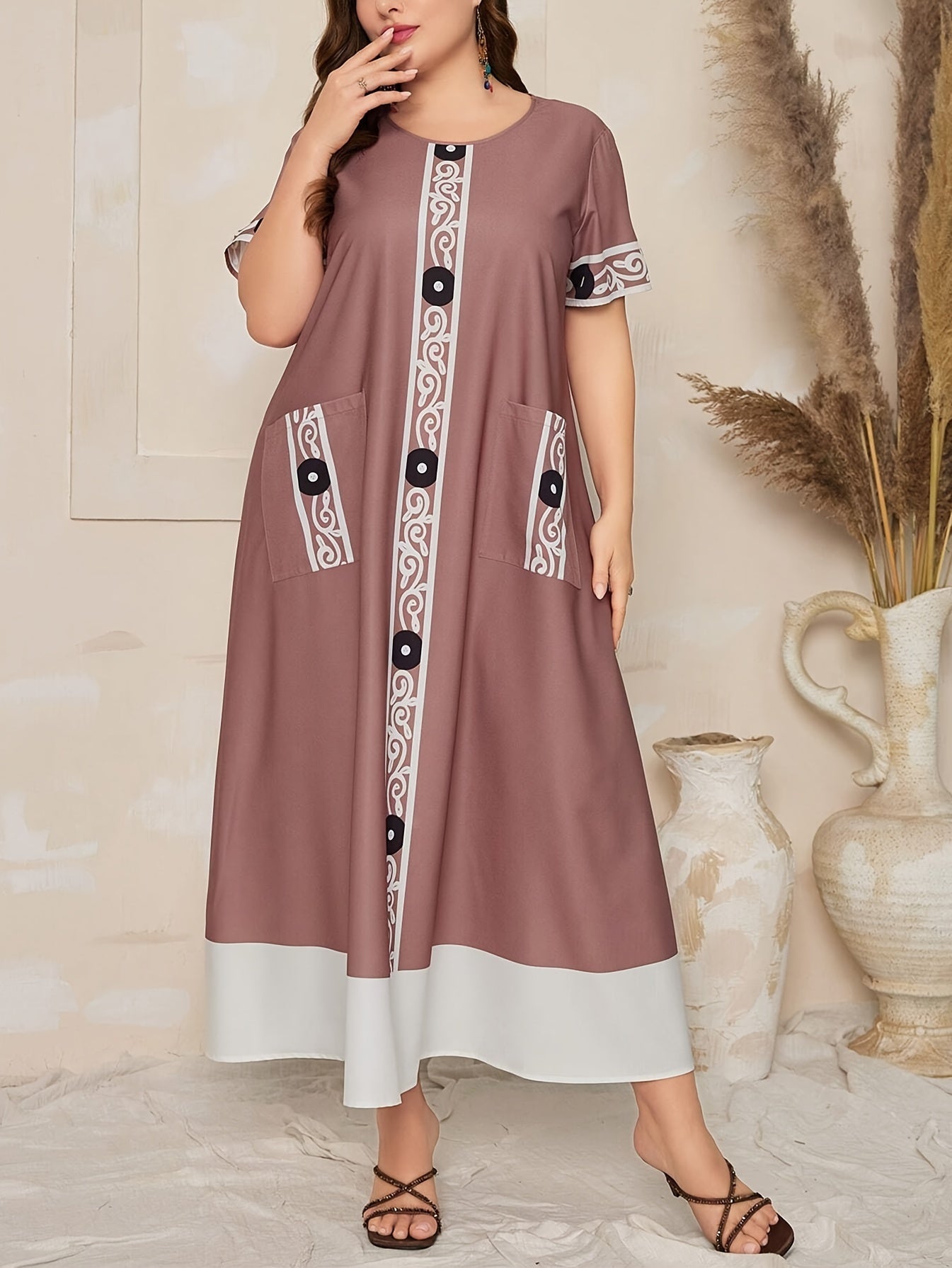 Color-block printed splice dress with double pockets, 100% polyester, fitted, non-stretch woven fabric, ideal for all seasons - Elegant plus size fashion.