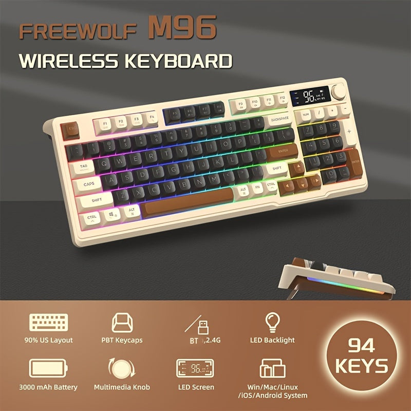 FREEWOLF M96 Wireless Membrane Gaming Keyboard, BT/2.4G Wireless Mechanical Keyboard with RGB LED Backlit, Display Screen, PBT Keycap, 3000mAh Battery, US Layout For Win/Mac