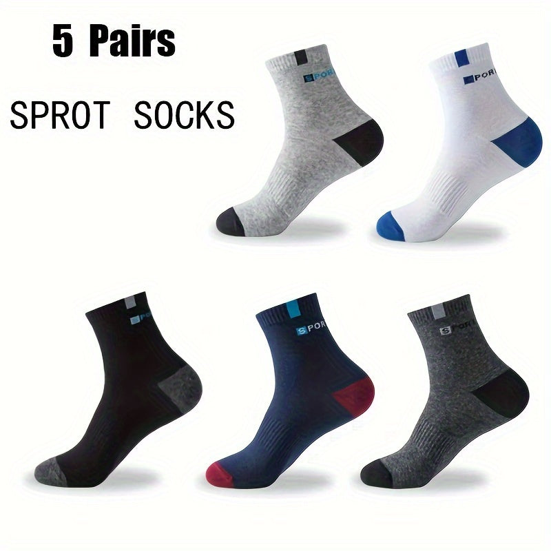 Men's athletic socks with stylish lettering, high elasticity, and moisture-wicking polyester blend. Suitable for running and outdoor sports in black, gray, white, blue, and navy options.